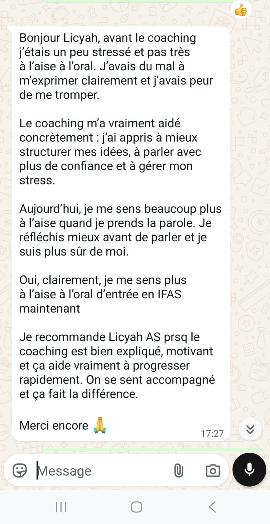 Capture WhatsApp : un candidat se sent plus à l'aise à l'oral d'entrée en IFAS.