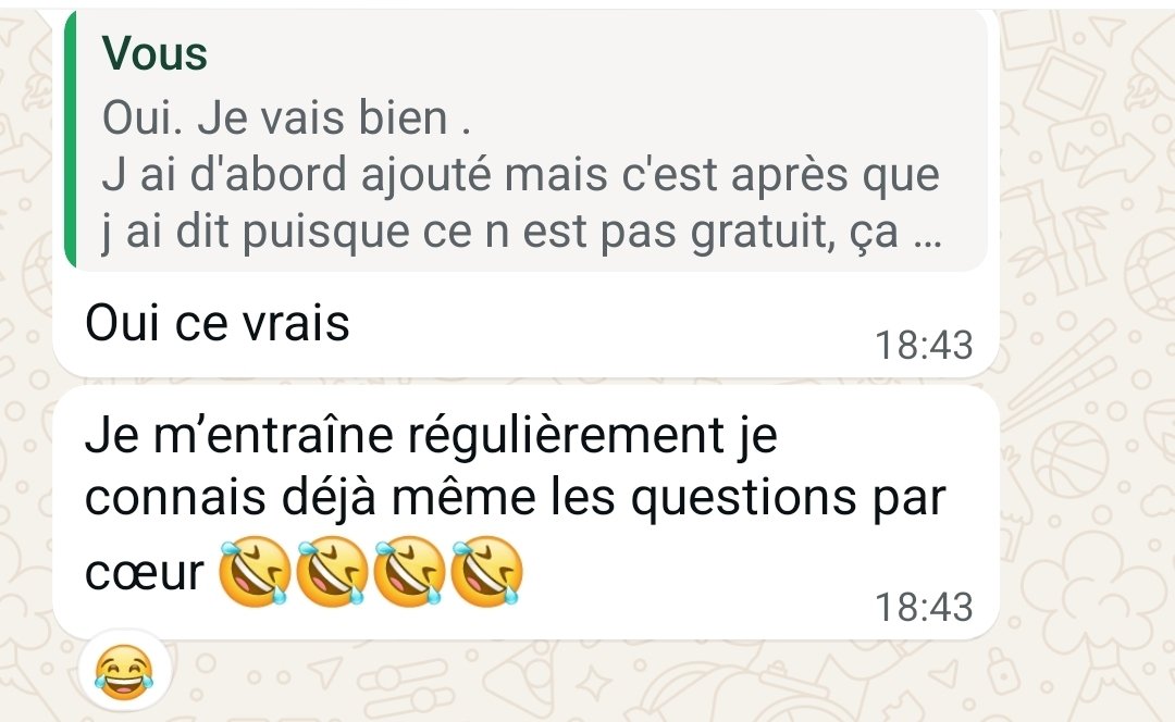 Capture WhatsApp : une candidate s'entraîne régulièrement et connaît déjà les questions par cœur.