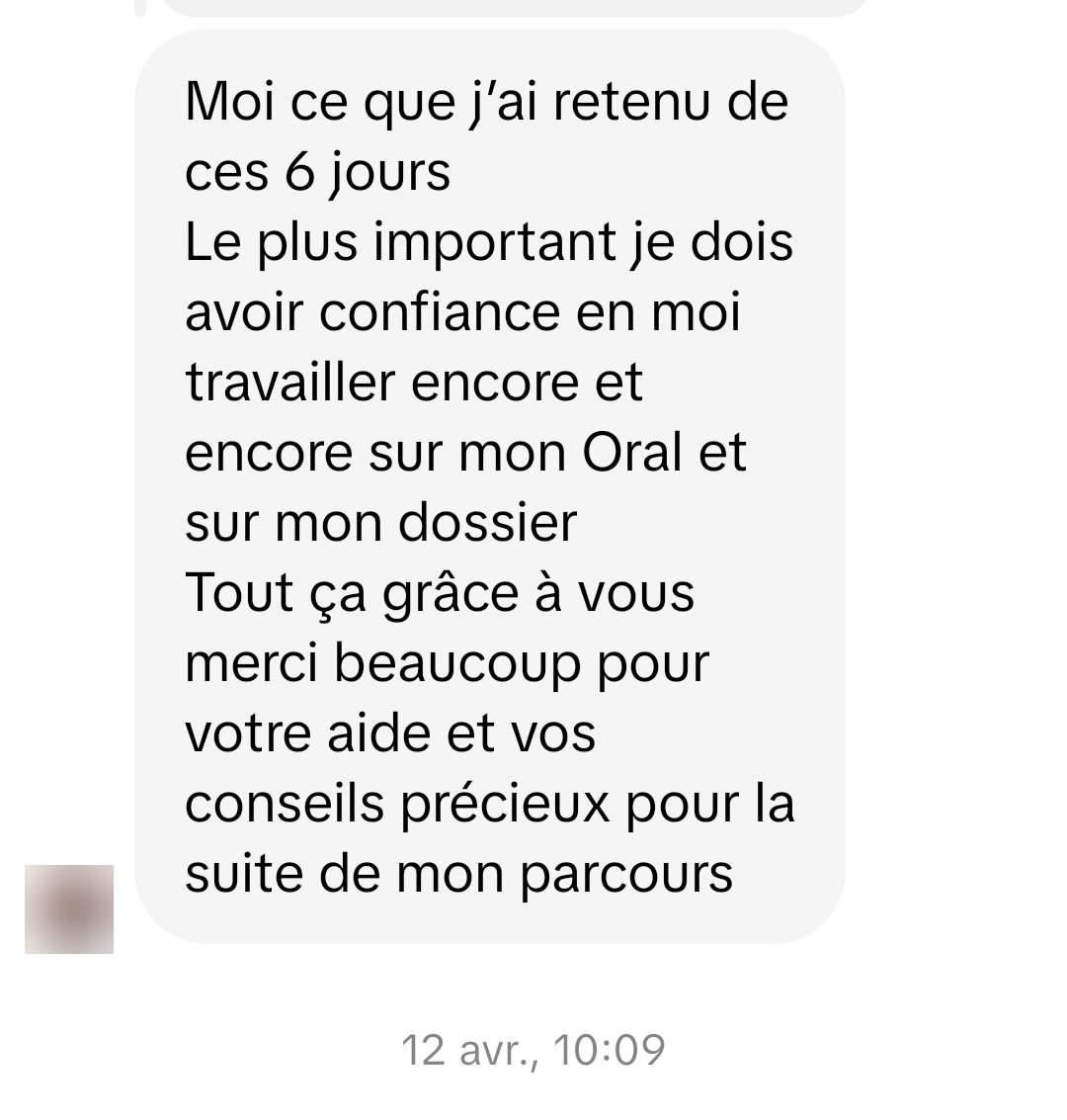 Capture WhatsApp : après 6 jours, plus de confiance en soi pour l'oral et le dossier.