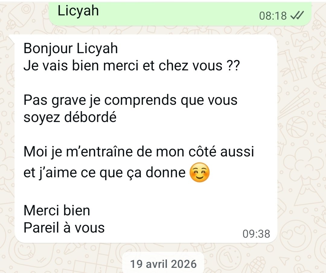 Capture WhatsApp : une candidate s'entraîne de son côté et aime déjà le résultat.