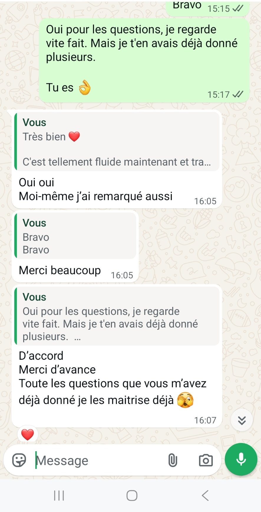 Capture WhatsApp : l'entraînement est devenu fluide et les questions sont maîtrisées.