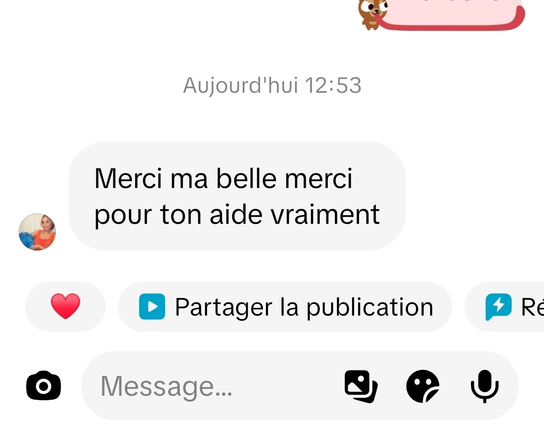 Capture TikTok : une candidate remercie chaleureusement pour l'accompagnement.